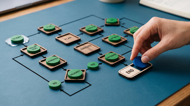 Wooden blocks form a flowchart, illustrating a process with 'Start', 'End', and steps like 'Plan' and 'Execute', symbolizing decision making and strategy