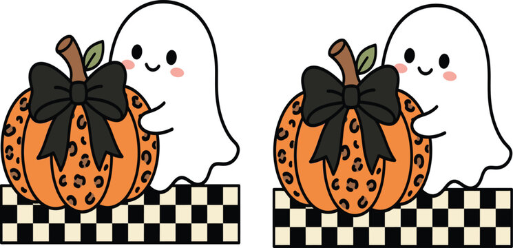 Cute cartoon ghost with leopard print pumpkin and black bow halloween graphic halloween checkered seasonal illustration character celebration whimsical friendly