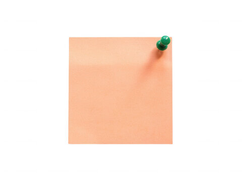 Peach square sticky note with green push pin isolated on transparent background for visual office reminders