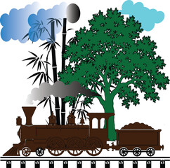 Classic Steam Train on Railway Track Black Silhouette Vector Vintage Locomotive with Smoke and Straight Rail Line Illustration © Matluba