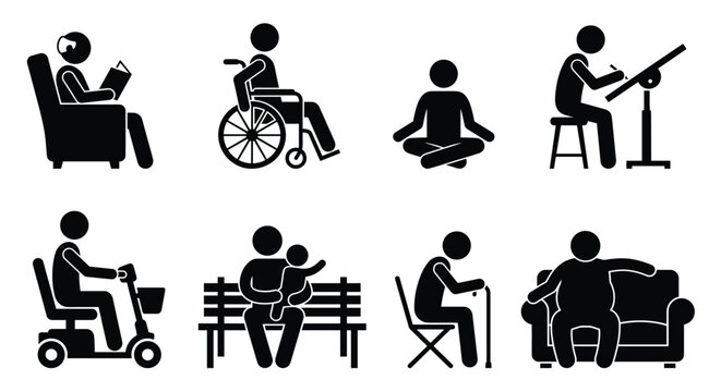 Seated diversity silhouettes showing various people in different sitting poses as vector icons