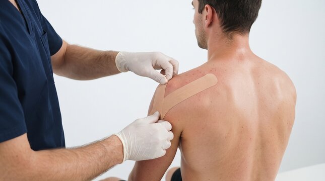 Physical therapist applies kinesiology tape to a patient's shoulder for injury support and pain relief