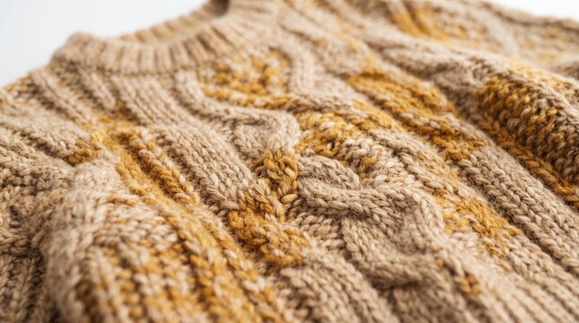 Close up of a textured knitted sweater with cable knit pattern in beige and yellow yarn