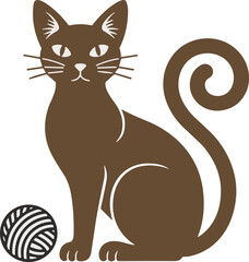 Brown cat sitting gracefully beside a striped yarn ball on white background
