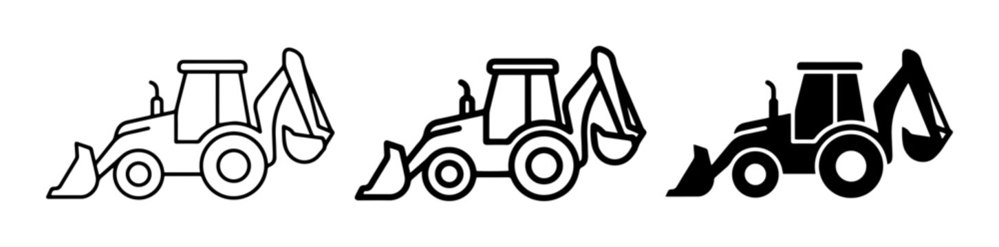 Backhoe Loader Icons, Construction Vehicle Vector Set, Excavator Machine Graphics