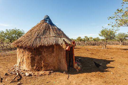 Closeup of round mud hut with straw roof  in Himba village and chickens by the door in Namibia, Africa