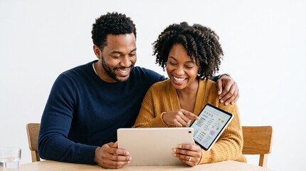Fototapeta premium Happy Black Couple Collaborating on Digital Tablets Discussing Business Charts and Graphs Together