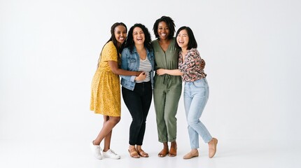 Fototapeta premium Diverse group of four women laughing and embracing in a studio setting