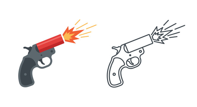 Revolver pistol firing vector illustration with muzzle flash and outline version