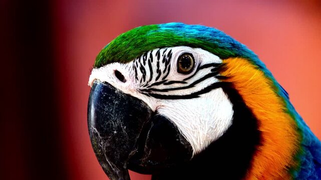 Extreme close-up footage of a blue and yellow macaw showing intricate feather patterns, eye detail and powerful beak in natural light.