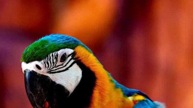 Extreme close-up footage of a blue and yellow macaw showing intricate feather patterns, eye detail and powerful beak in natural light.