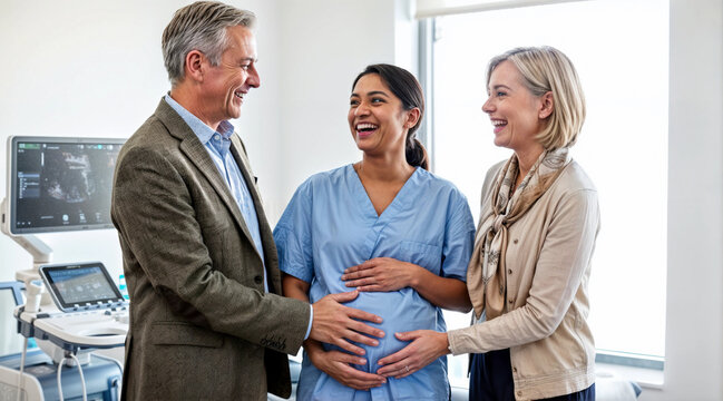 A childless wealthy couple holds their hands on the belly of a surrogate mother. Reproductive medicine, surrogacy, IVF treatment concept. Lifestyle shot for poster, visual material