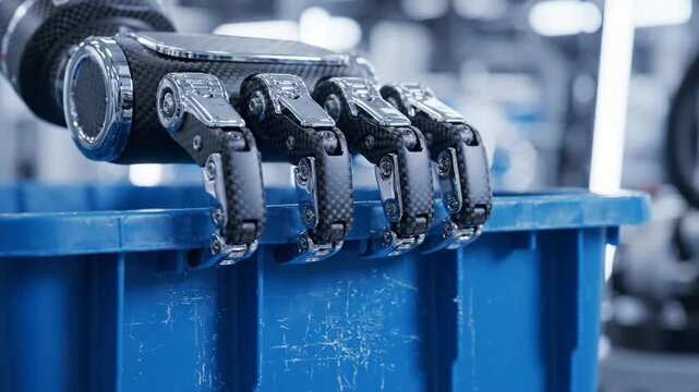 Robot hand robotic finger gripping blue crate container automation factory technology industry cybernetic metal grip closeup industrial robot system