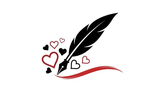 A vintage quill pen drawing with hand drawn red hearts and a decorative red line on white background	
