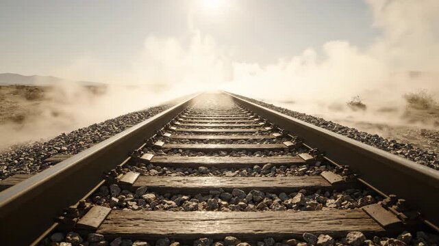 Railroad track horizon fog sunrise landscape travel perspective rail journey through desert environment of dry sand stone gravel metal steam and heat