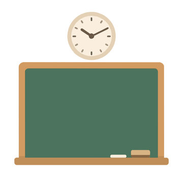 Hand-drawn classroom chalkboard with wall clock and chalk piece on tray, vintage school education vector illustration in flat minimal style