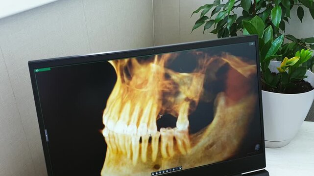 Rotating 3D Amber CBCT Jaw Scan on Screen Showing Missing Teeth. Dental