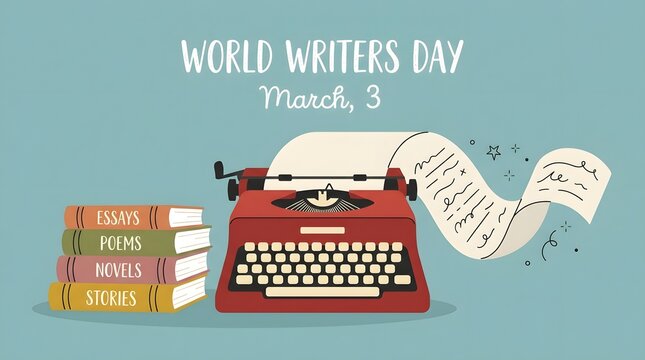 World writers day illustration with a vintage red typewriter and a stack of books on a blue background