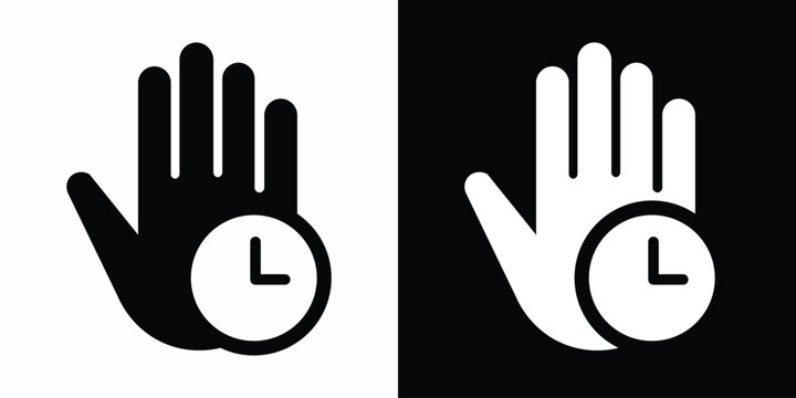 Hand with clock icon, stop time gesture, waiting concept, flat vector illustration