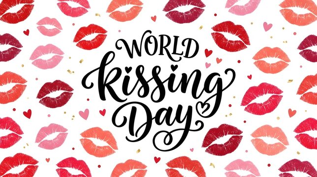 World kissing day celebration background with colorful lipstick kiss marks and elegant black hand lettering typography design