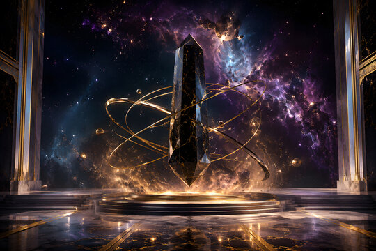 Luxury Cosmic Sanctuary with Floating Obsidian Monolith and Golden Celestial Rings