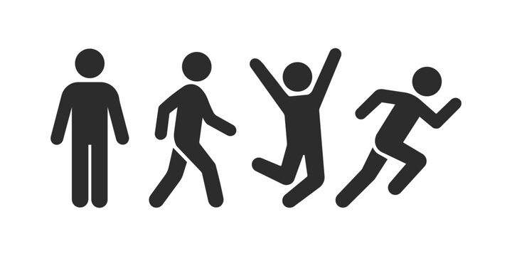 Set of human icons in different poses, standing, walking, jumping and running, simple vector illustration of people silhouettes