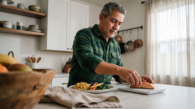 Man Preparing a High-Protein Meal with Salmon and Vegetables