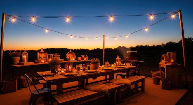 Outdoor Dining Experience With Warm String Lights At Dusk
