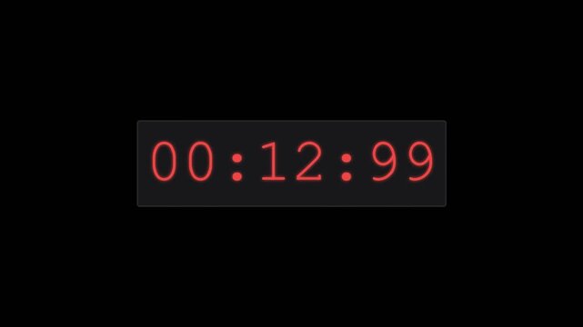 Digital countdown timer displaying red glowing numbers on black background for motion graphic production and timing precision video footage animation