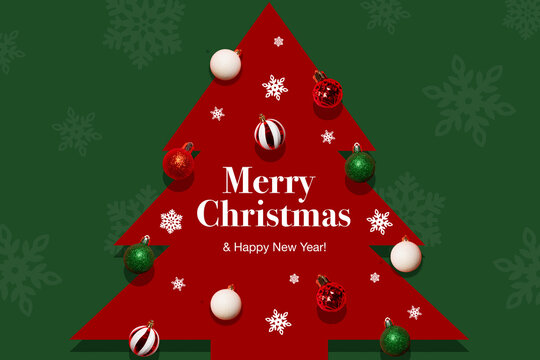 Festive Christmas greeting card with a red tree, ornaments and holiday message on a green background. Ideal for invitations, banners, social media, advertising and seasonal designs.