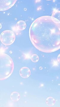 Floating iridescent soap bubbles against a bright blue sky with sparkling magical light effects