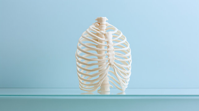 Anatomical Human Rib Cage Model on Glass Shelf with Blue Background Illustrates Skeletal Structure and Medical Education Concept