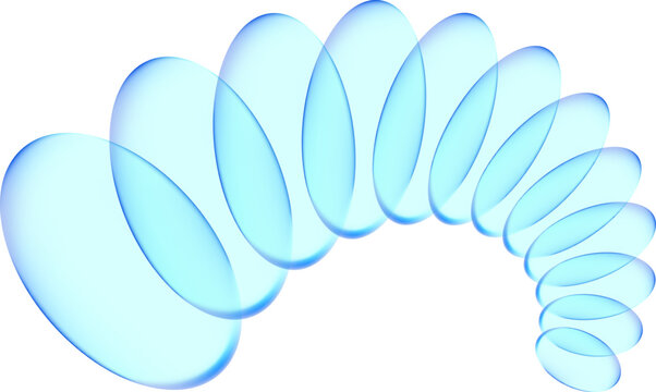 Abstract transparent blue ovals arranged in a curved spiral with transparent abstract geometric