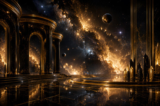 Black and Gold Nebula Palace with Luxurious Cosmic Architecture and Reflective Marble Floor