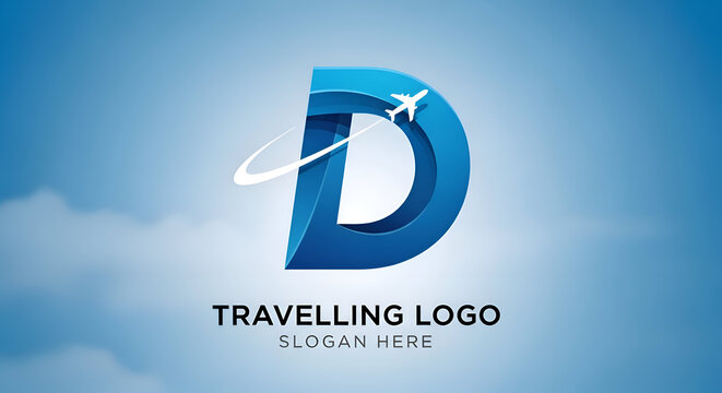 Travel logo with airplane flying around letter D, blue cloudy sky background, travelling symbol