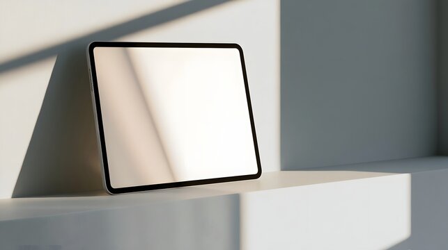 A sleek tablet rests on a minimalist shelf bathed in soft natural light casting geometric shadows across clean white walls