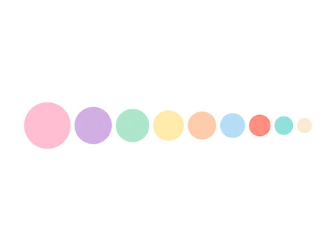 Pastel rainbow circles arranged from largest to smallest in a horizontal line