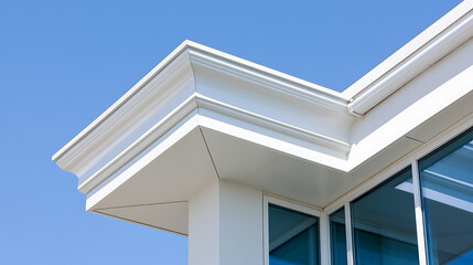Fototapeta premium Modern Building Exterior with Architectural Details and Clear Blue Sky - White Fascia, Soffit, and Windows Under Bright Sunlight