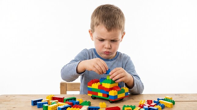 Young boy concentrating while building a colorful toy car with interlocking blocks on a wooden table