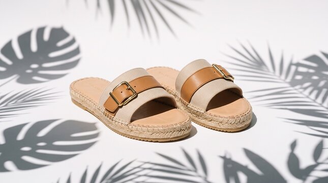 Stylish espadrille slide sandals with tan leather straps and buckle detail on a white background with palm leaf shadows