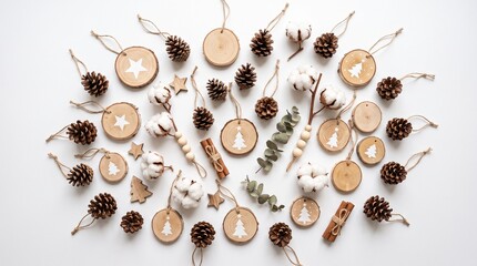Obraz premium Rustic Christmas Ornaments Flat Lay with Pine Cones Cotton and Wood Slices