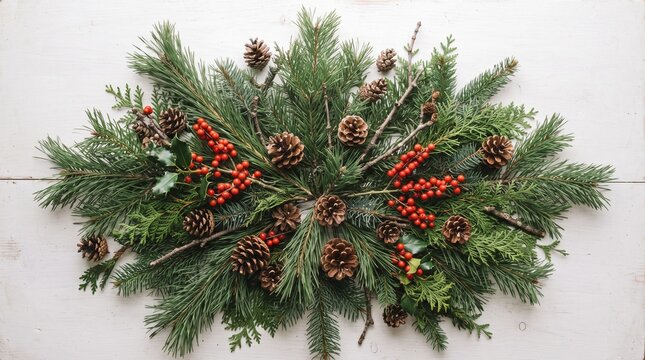 Festive Christmas Evergreen Garland with Pine Cones and Red Berries on White Wood Background