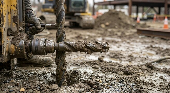 Close up of a heavy duty industrial drill bit covered in wet mud. Construction worker operating earth drilling machinery on a building site