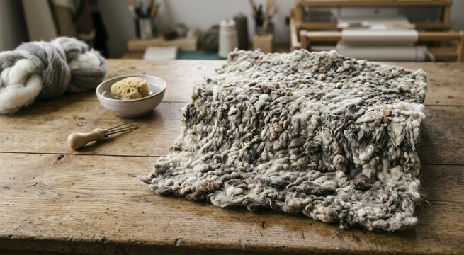 Hand felted wool fabric with matted fibers on a rustic wooden table. Close up of textured natural textile with crafting tools in the background