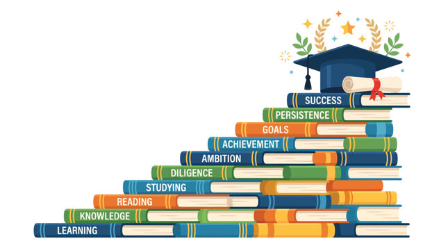 Illustrated Education and Success Books Stack Infographic Concept, Knowledge, Learning, Persistence, Ambition and Study Staircase, Degree Cap and Diploma, Blue and Orange Stacking Books