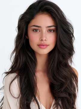 Beautiful 22-year-old Latin American woman, soft oval Latin facial contour, warm honey olive translucent skin, loose flowing dark wavy draped hair, large almond deep brown eyes