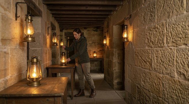 Woman adjusting a lit brass oil lantern on a wooden table in a historic stone fort corridor. Warm glowing antique lamps illuminating an old castle interior