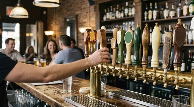 Bartender pulling a draft beer tap handle at a bar. Close up of a brass dispenser with a variety of colorful tap handles. Blurred patrons sitting at a wooden counter