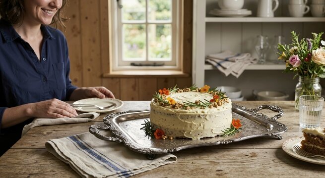 Decorated frosted cake on a vintage silver tray. Smiling woman ready to eat a slice of homemade dessert at a rustic wooden table