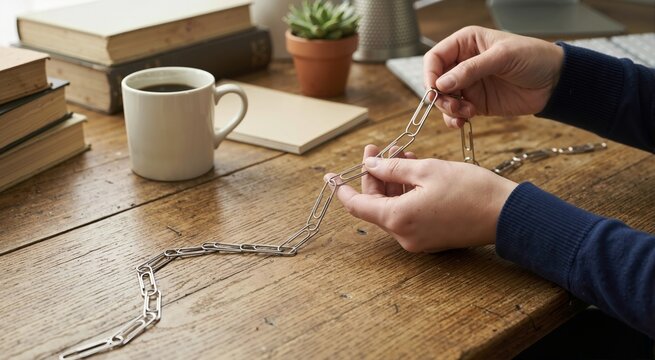 Hands linking silver paper clips into a chain on a wooden desk. Procrastination and distraction at work in a home office